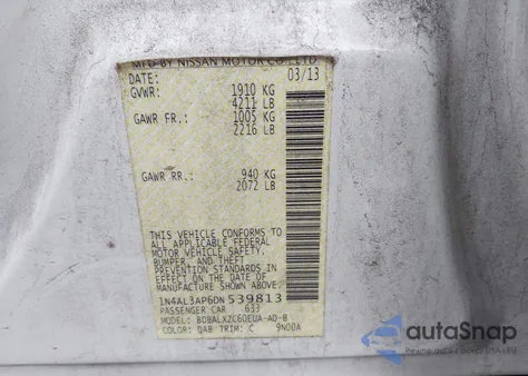 2013 Nissan Altima 2.5 Sl z USA, uszkodzony, nr VIN 1N4AL3AP6DN539813